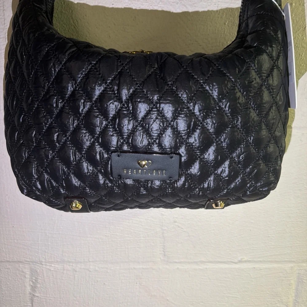 HeartLove by Charo Black Quilted Puffer‎ Hobo Bag Recycled Vegan Leather NWT